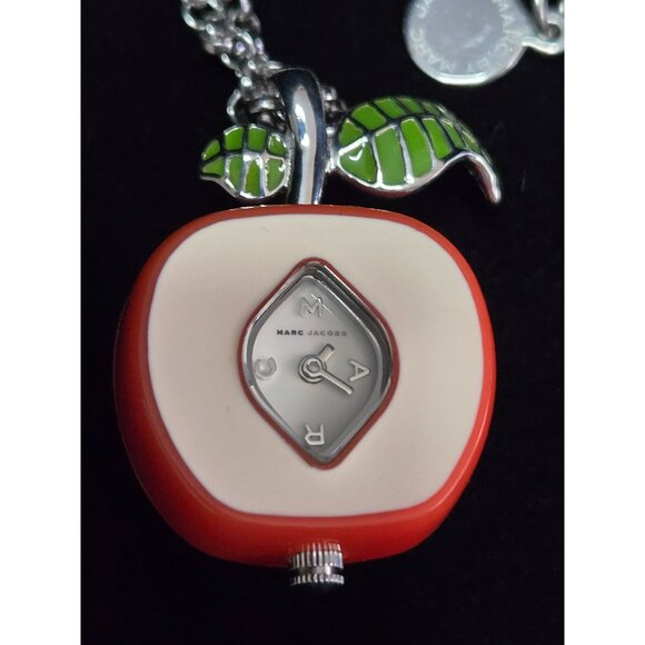 Marc Jacobs Red Apple Clock Watch Pendant Silvertone Chain - Picture 1 of 7